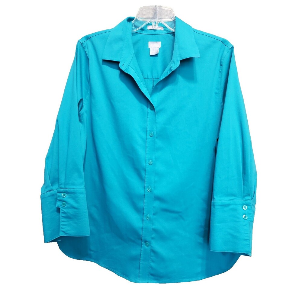 Chico's No Iron Chic Stretch Blue 3/4 Sleeve Button-Up Shirt Size 2 Large